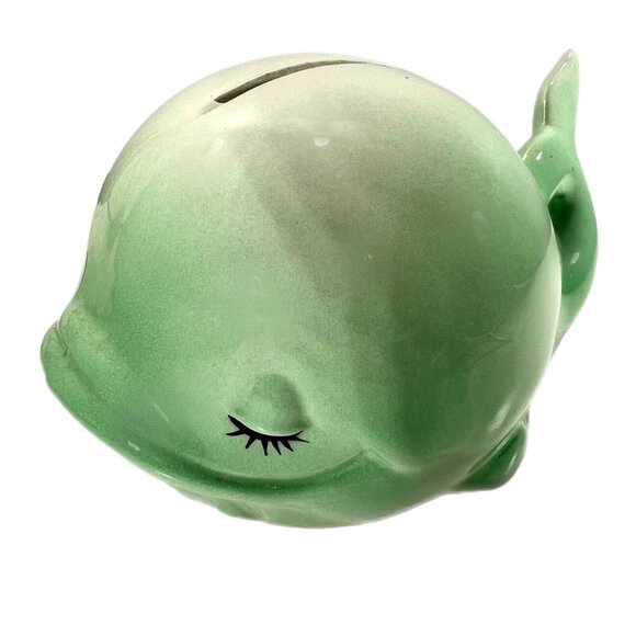 Ceramic Pottery Green Whale Coin Savings Bank with Plug Eyelashes Taiwan HTF - Picture 1 of 12
